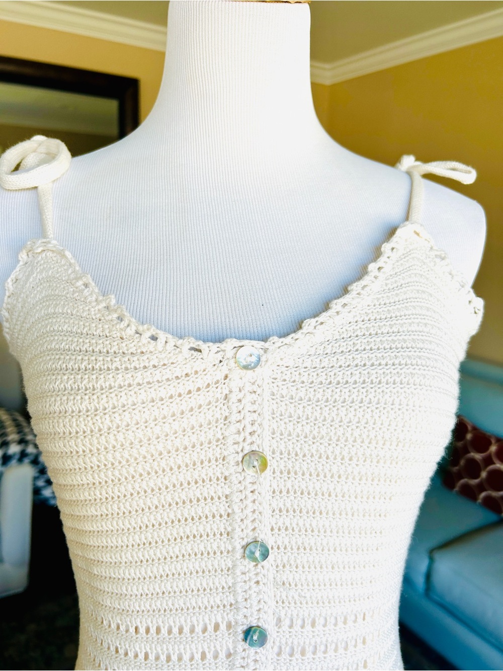 Olive + Oak Cream Crochet Button-Front Mini Dress Size Small Tie Straps Summer - Picture 8 of 11
